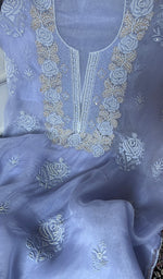 Load image into Gallery viewer, Women's Lakhnavi Handcrafted Pure Organza Chikankari Unstitched Kurta And Dupatta Set- HONC0342727
