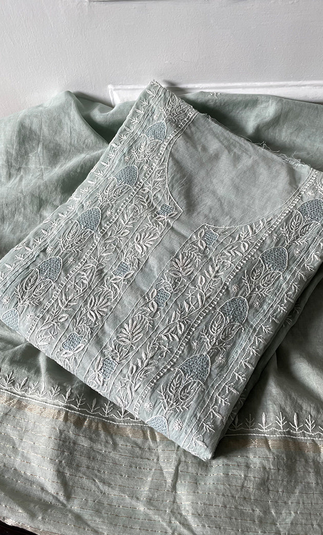 Women's Lakhnavi Handcrafted Chanderi Silk Semi - Stitched Anarkali And Dupatta Set - HONC0304456