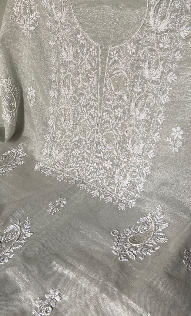 Women's Lakhnavi Handcrafted Tissue Chanderi Unstitched Chikankari Kurta And Dupatta Set - HONC0332080