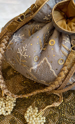 Load image into Gallery viewer, Grey Chikankari Embroidered Potli Bag with White Bead Tassels - HONC0317190
