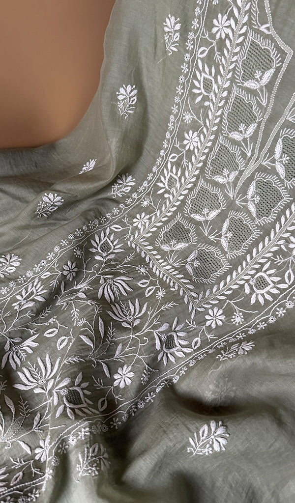 Women's Lakhnavi Handcrafted Mul Chanderi Unstitched Chikankari Full Suit Material - HONC0363740