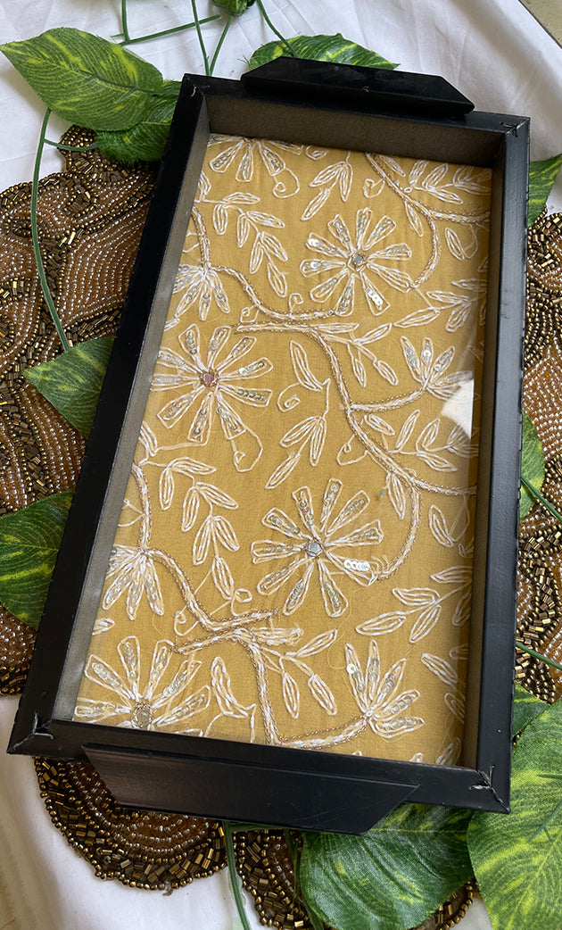 Handcrafted Chikankari Tray with Two Coasters – Wooden Frame - HONC0230903