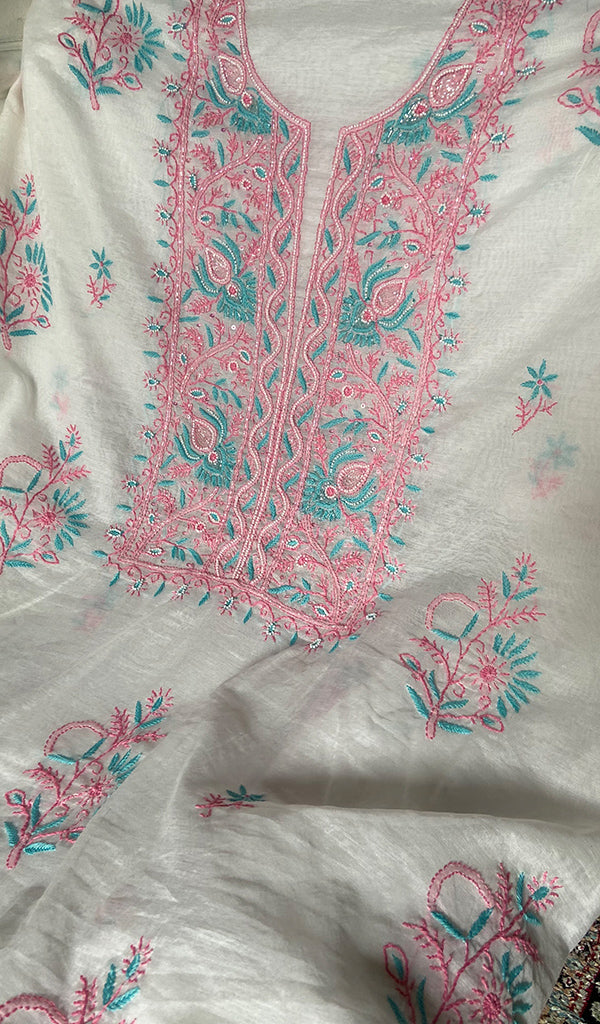 Women's Lakhnavi Handcrafted Mul Chanderi Unstitched Kurta And Dupatta Set- HONC0366813