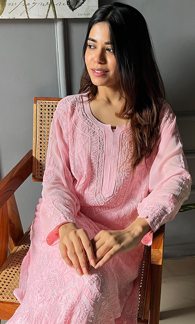 Women's Lakhnavi Handcrafted Viscose Georgette Chikankari Kurti- HONC0259096