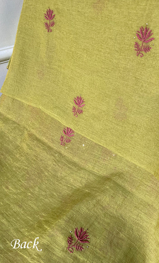 Women's Lakhnavi Handcrafted Chanderi Silk Unstitched Chikankari Kurta And Dupatta Set - HONC0294446