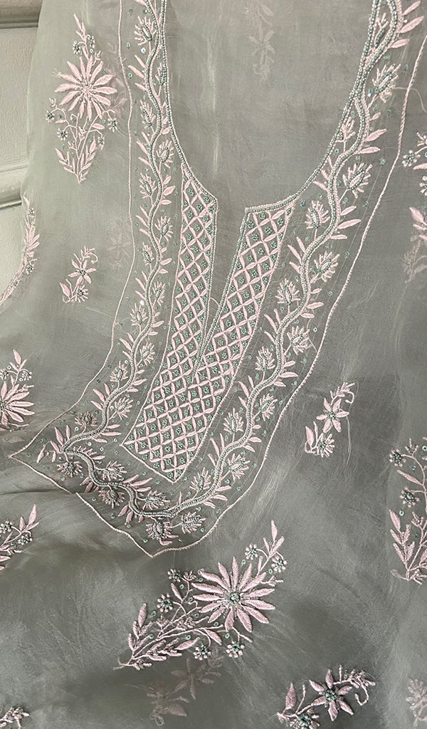 Women's Lakhnavi Handcrafted Pure Organza Chikankari Unstitched Kurta And Dupatta Set- HONC0335078