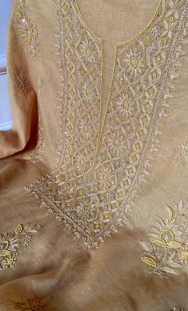 Women's Lakhnavi Handcrafted Mul Chanderi Unstitched Chikankari Full Suit Material - HONC0328113