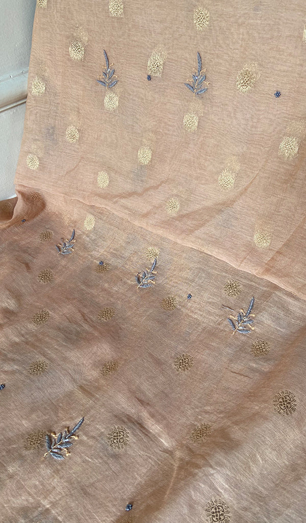 Women's Lakhnavi Handcrafted Mul Chanderi Unstitched Chikankari Full Suit - 3