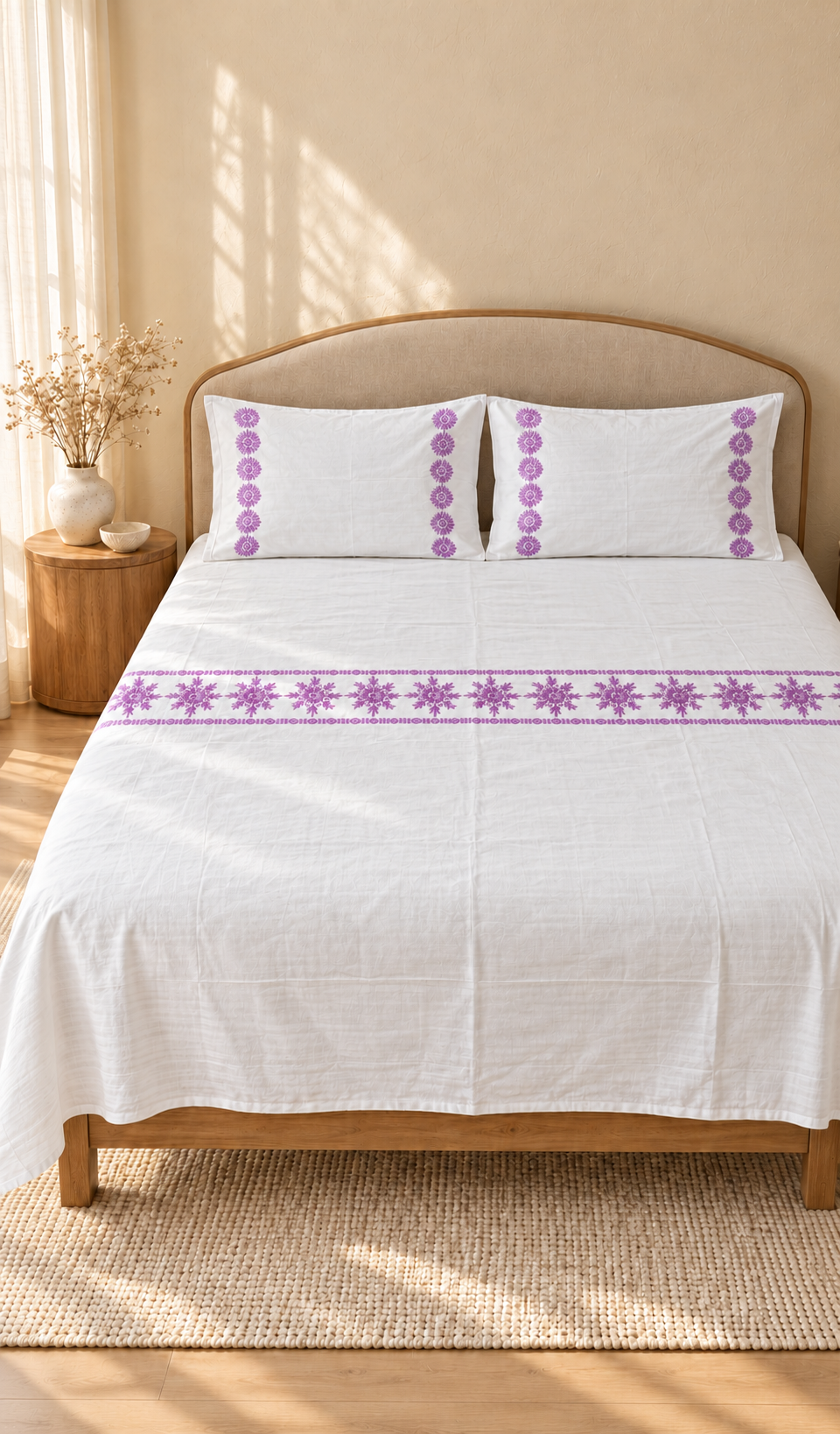 Lakhnavi Handcrafted Cotton Chikankari Bedsheet Set - HONC0394531