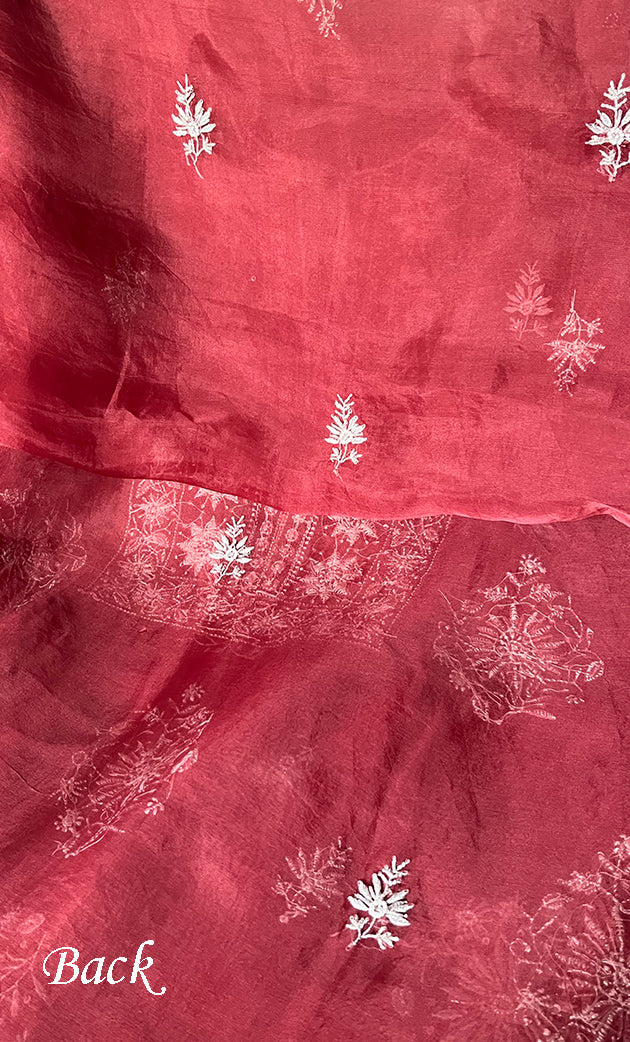 Women's Lakhnavi Handcrafted Pure Organza Chikankari Unstitched Kurta And Dupatta Set- HONC0288594