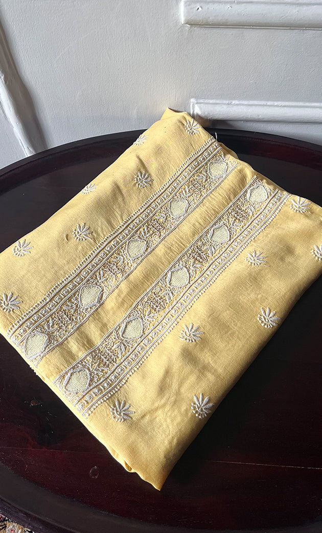 Lucknowi Handcrafted Chanderi Silk Chikankari Unstitched Unisex Kurta Fabric - HONC0322110