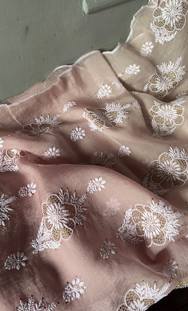 Women's Lakhnavi Handcrafted Pure Organza Chikankari Semi - stitched Kurta And Dupatta Set- HONC0288872