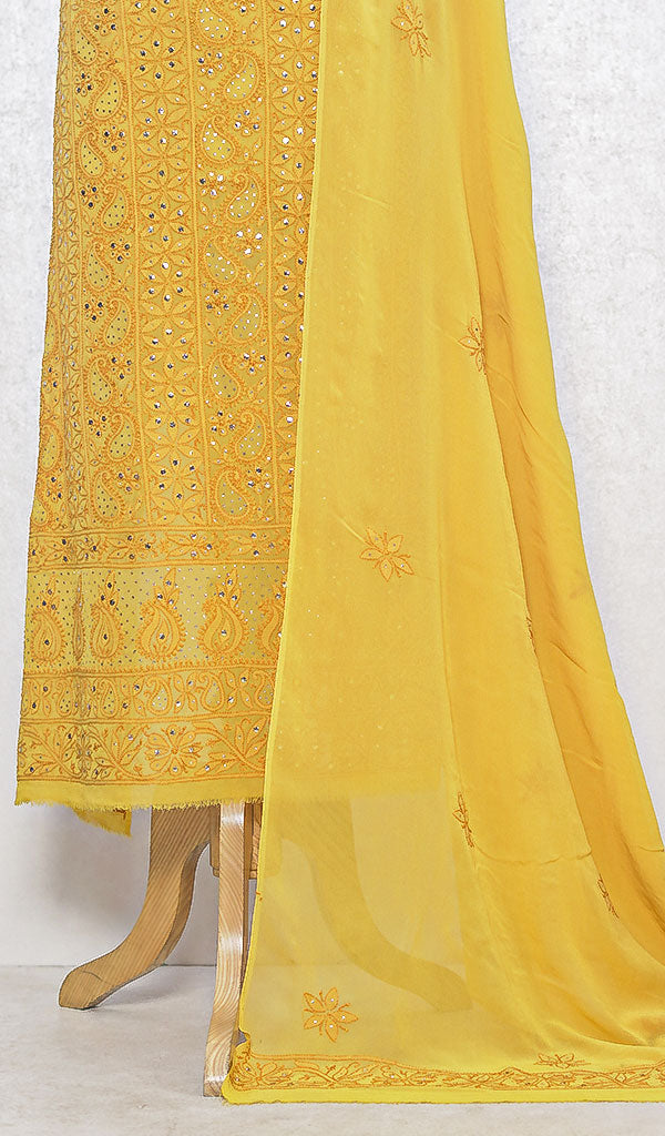 Women's Lakhnavi Handcrafted Pure Silk Georgette Chikankari Kurta  And Dupatta Set- HONC082559