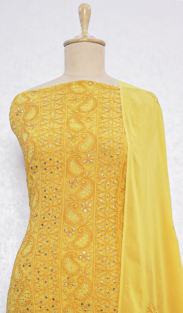 Women's Lakhnavi Handcrafted Pure Silk Georgette Chikankari Kurta  And Dupatta Set- HONC082559