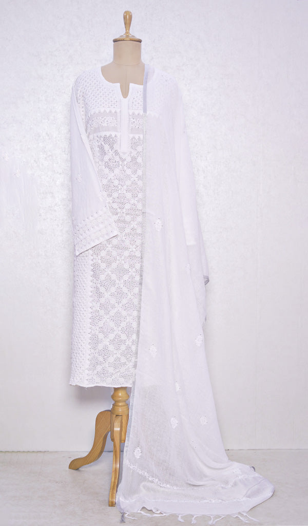 Women's Lucknowi Handcrafted Linen Cotton Chikankari Semi Stitched Kurta Dupatta Set - HONC059815