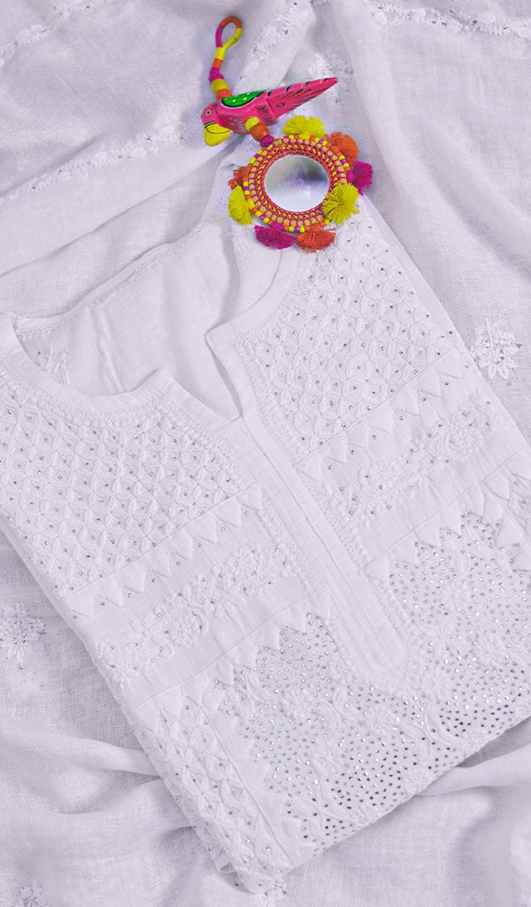 Lucknowi 手工制作亚麻棉 Chikankari 半缝合 Kurta Dupatta 套装 - HONC059815
