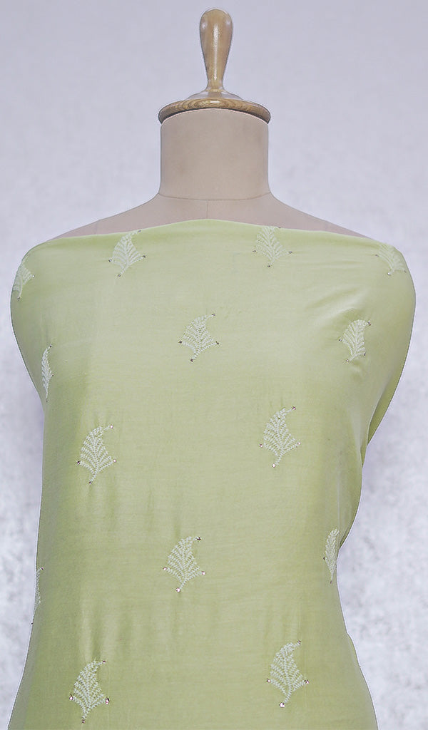 Lakhnavi 手工制作 Chanderi 丝绸 Chikankari 未缝合 Kurti 面料 - Honc091933