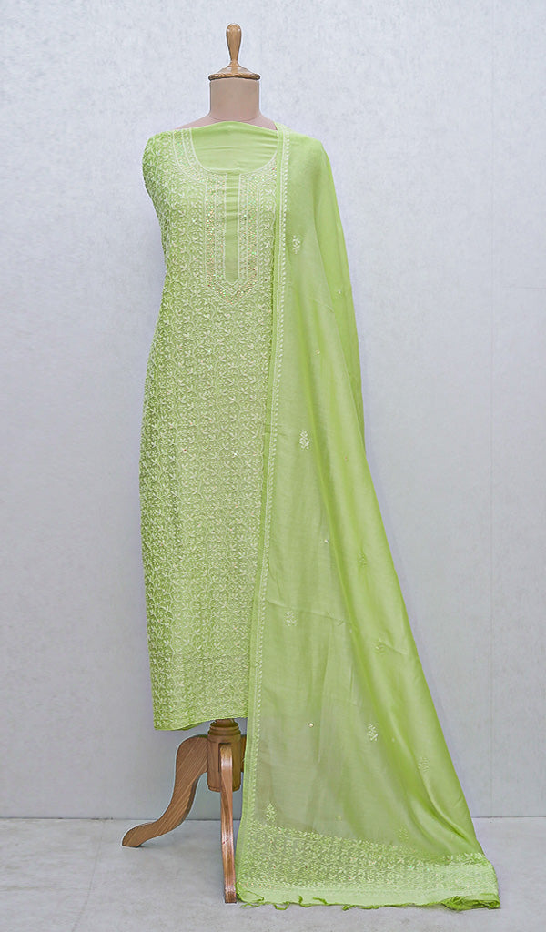 Women's Lakhnavi Handcrafted Chanderi Silk Chikankari Full Suit Material - HONC0106297