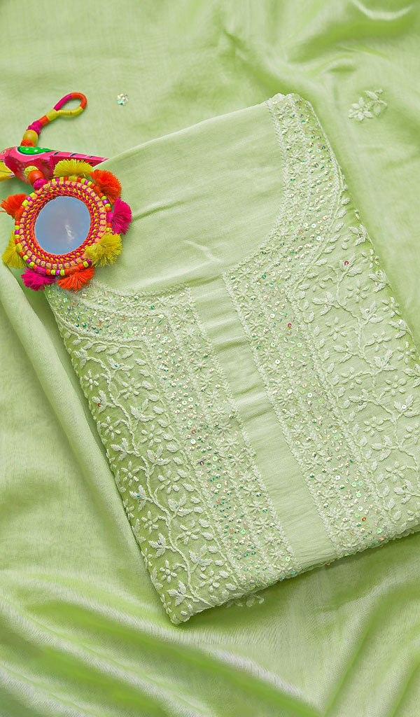 Lakhnavi 手工制作 Chanderi 丝绸 Chikankari 全套套装材料 - HONC0106297