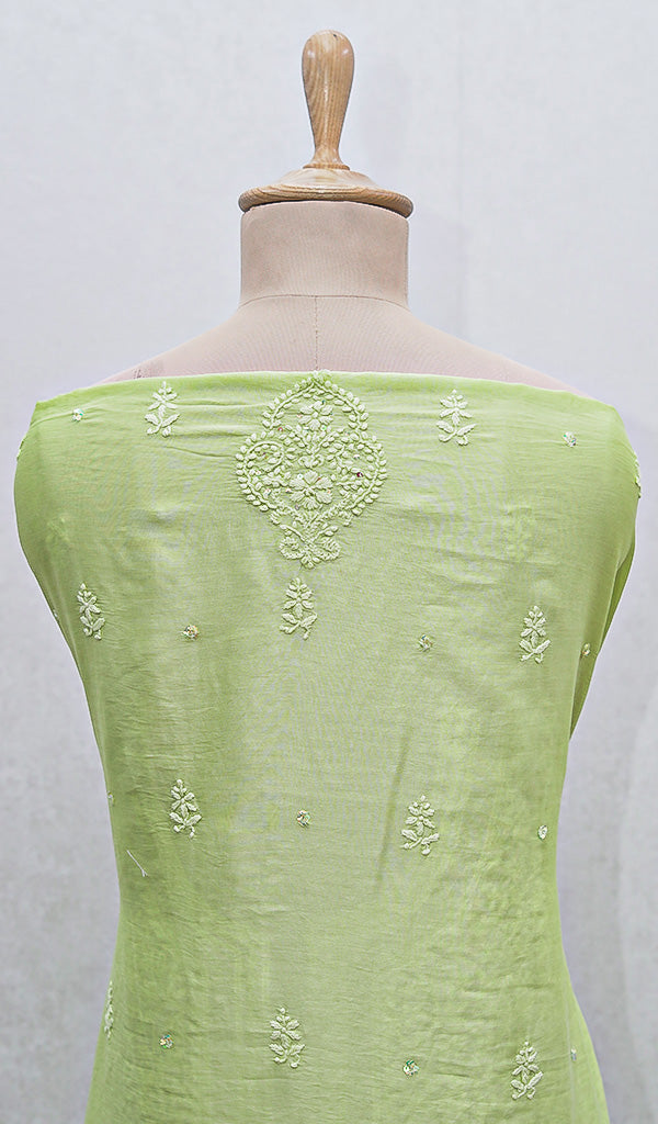 Lakhnavi 手工制作 Chanderi 丝绸 Chikankari 全套套装材料 - HONC0106297