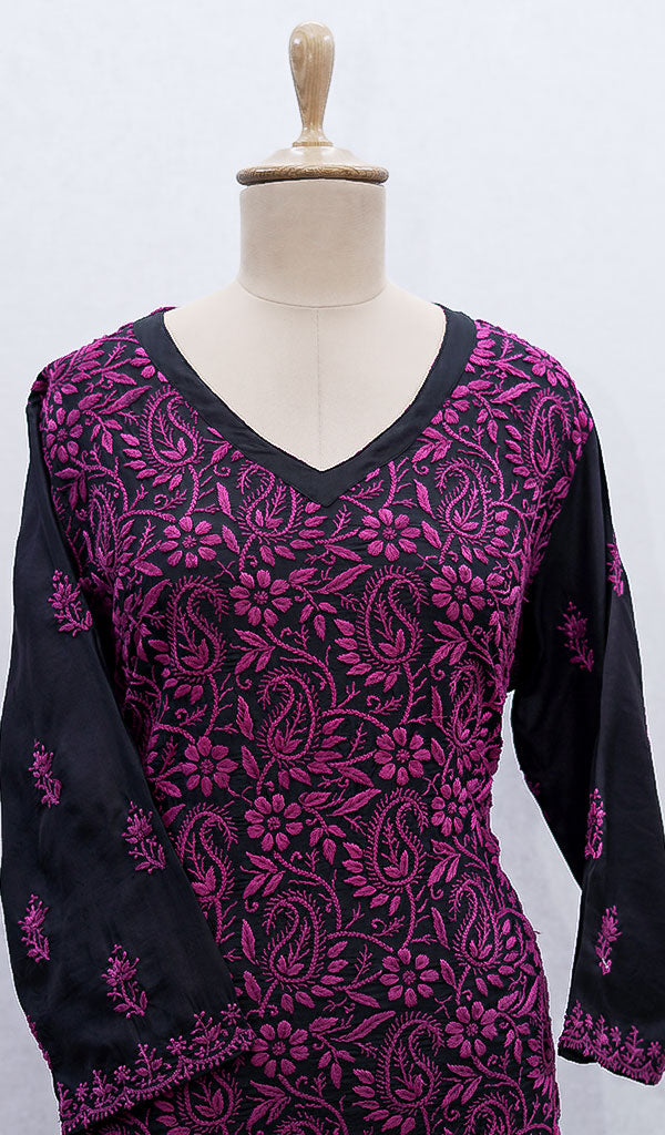 Women's Lucknowi Handcrafted Silk Chikankari Kurti - HONC0109237