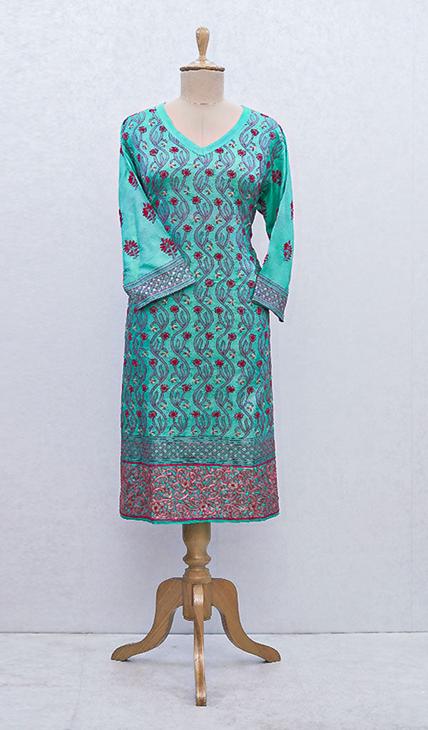 Women's Lucknowi Handcrafted Silk Chikankari Kurti - HONC0109240