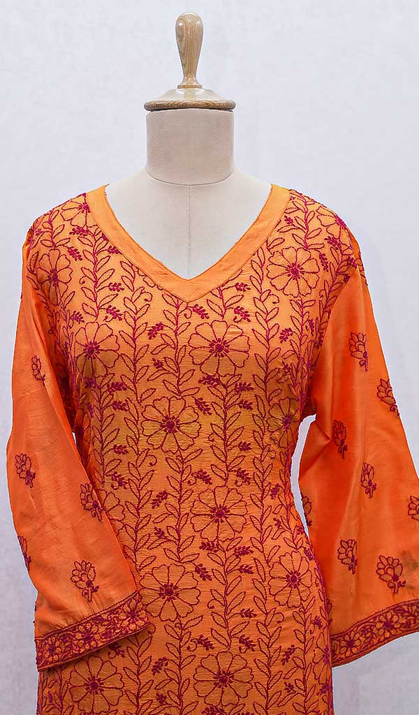 Women's Lucknowi Handcrafted Silk Chikankari Kurti - HONC0109235