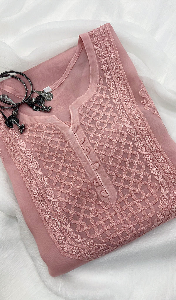 Women's Lakhnavi Handcrafted Organza Chikankari Kurti - HONC0104532