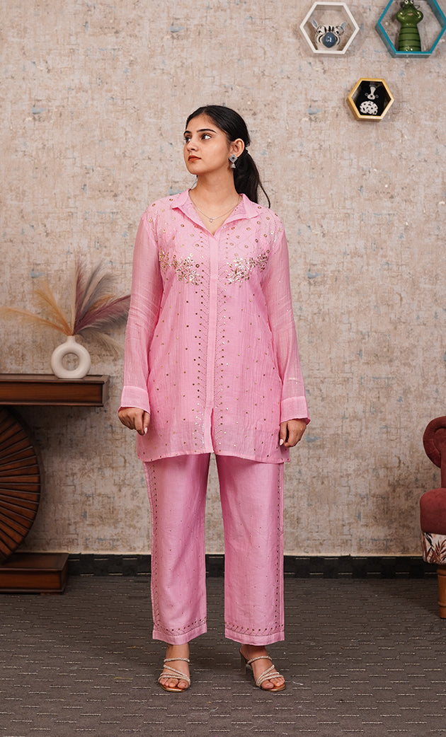 Emma Women's Lucknowi Handcrafted Mul Chanderi Stitched Chikankari Kurta And Plazzo Set- HONC03185720