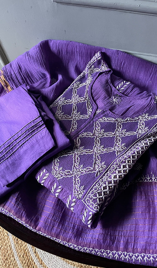 Women's Lakhnavi Handcrafted Mul Chanderi Chikankari Kurta, Dupatta ,Matching Slip And Pant Set - HONC0249449