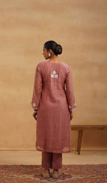 Load image into Gallery viewer, Jazba Women's Lakhnavi Handcrafted Mul Chanderi Chikankari Stitched Kurta, Dupatta And Pant Set - HONC0565945
