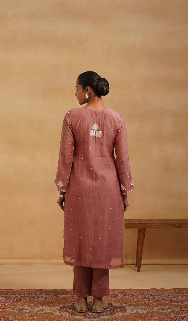 Jazba Women's Lakhnavi Handcrafted Mul Chanderi Chikankari Stitched Kurta, Dupatta And Pant Set - HONC0565945