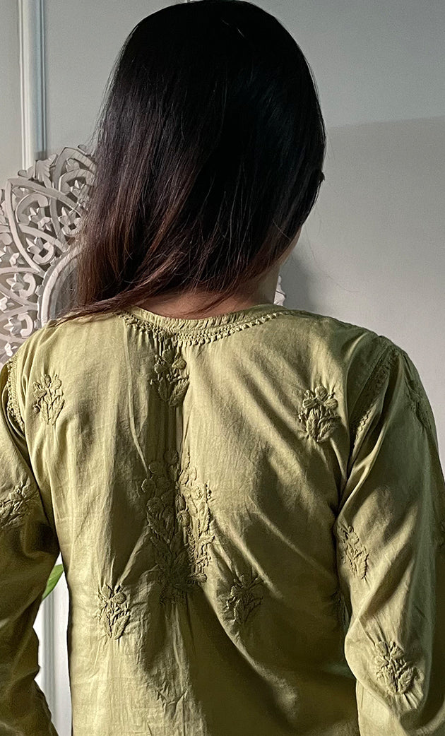 Women's Lakhnavi Handcrafted Chanderi Silk Chikankari Top And Pant Set - HONC0320578