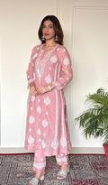 Ira Women's Lucknowi Handcrafted Mul Chanderi Stitched Chikankari Kurta And Plazzo Set .