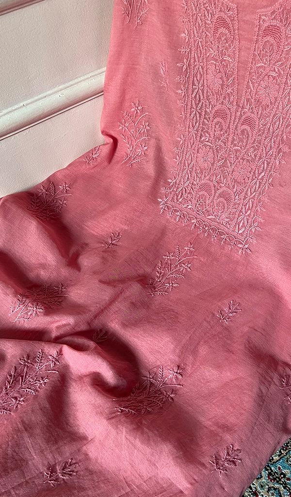 Women's Lakhnavi Handcrafted Mul Chanderi Unstitched Chikankari Full Suit Material - HONC0307425