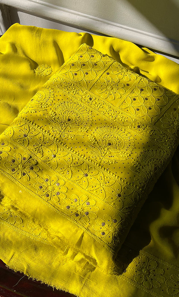 Women's Lakhnavi Handcrafted Viscose Georgette Chikankari Full Suit Material - HONC0271100