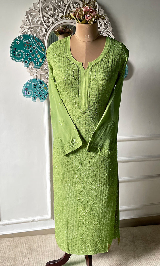 Yusra Women's Lakhnavi Handcrafted Viscose Georgette Chikankari Kurti- HONC03338130