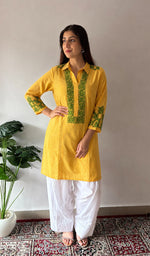 Women's Lakhnavi Handcrafted Yellow Cotton Chikankari Kurti - HONC0139039
