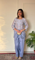 Anika Women's Lucknowi Handcrafted Chanderi Silk Chikankari Top with Farshi Salwar Set .