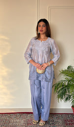 Anika Women's Lucknowi Handcrafted Chanderi Silk Chikankari Top with Farshi Salwar Set .