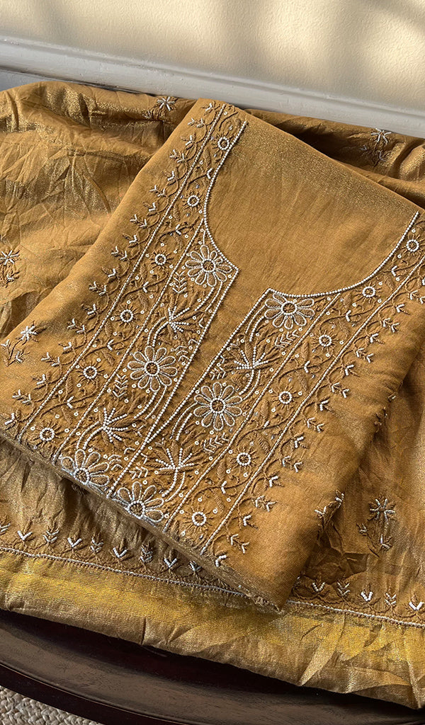 Women's Lakhnavi Handcrafted Tissue Chanderi Chikankari Suit Material - HONC0275990