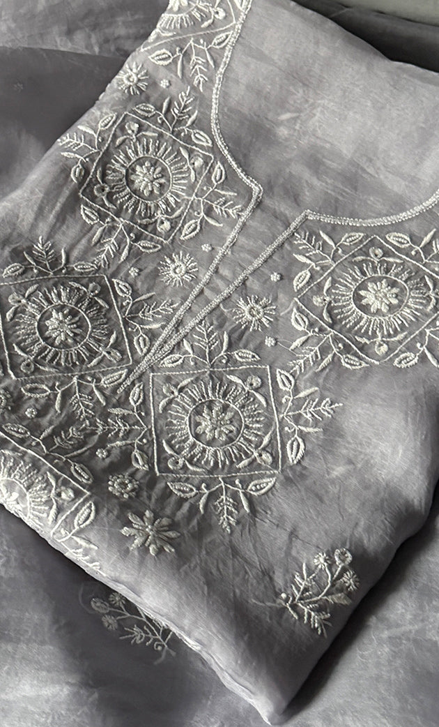 Women's Lakhnavi Handcrafted Pure Organza Chikankari Unstitched Kurta And Dupatta Set- HONC0305191