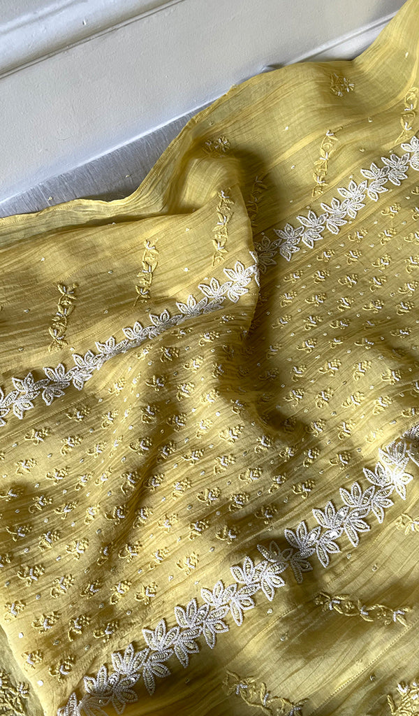 Saziya Women's Lakhnavi Handcrafted Mul Chanderi Semi - stitched Chikankari Full Suit Material - HONC0321283