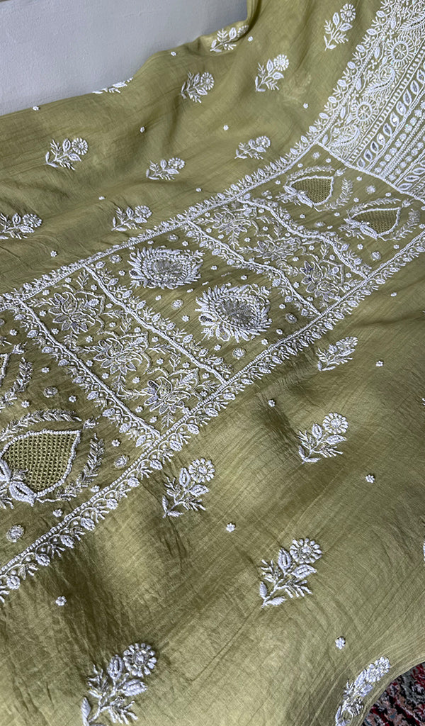 Women's Lakhnavi Handcrafted Mul Chanderi UnStitched Kurta And Dupatta Set - HONC0374449