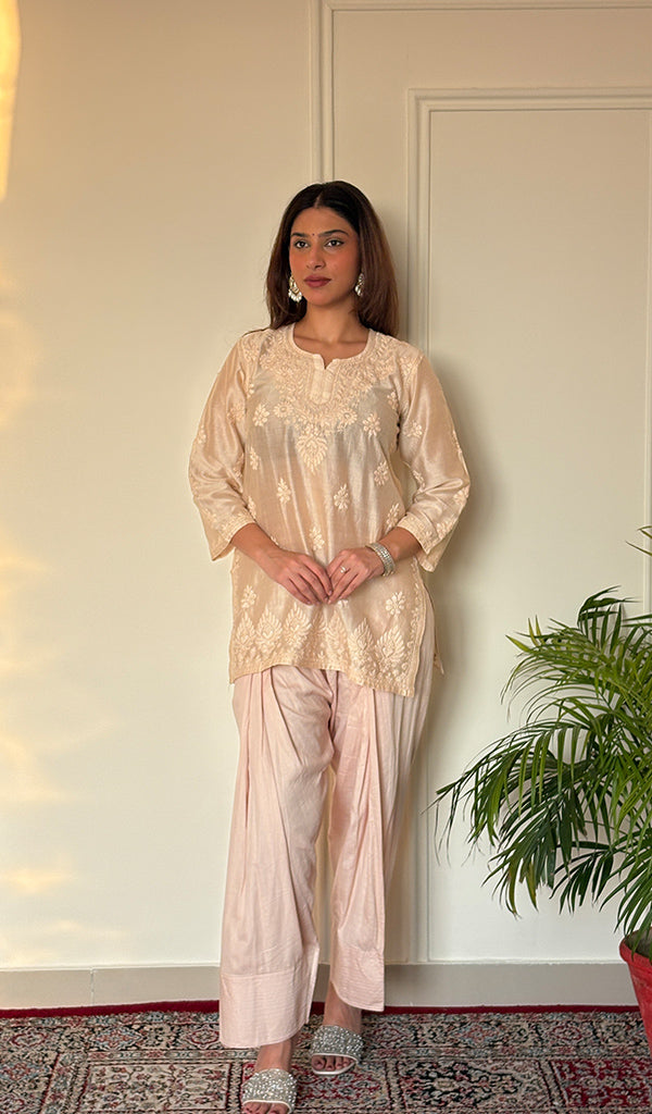 Anika Women's Lucknowi Handcrafted Chanderi Silk Chikankari Top with Farshi Salwar Set .