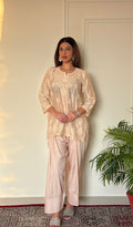 Anika Women's Lucknowi Handcrafted Chanderi Silk Chikankari Top with Farshi Salwar Set .