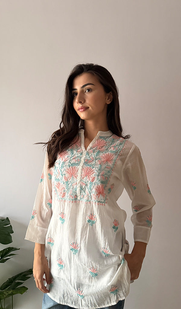 Women's Lakhnavi Handcrafted Mul Chanderi Chikankari Top - HONC0372701