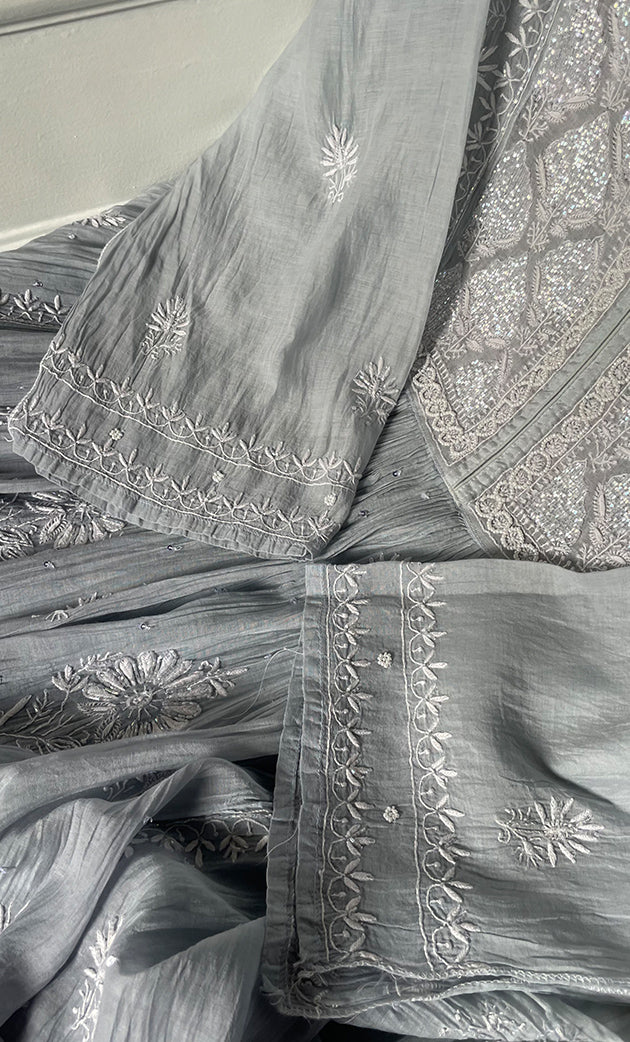 Women's Lakhnavi Handcrafted Mul Chanderi Semi - Stitched Kurta And Dupatta Set- HONC0309525