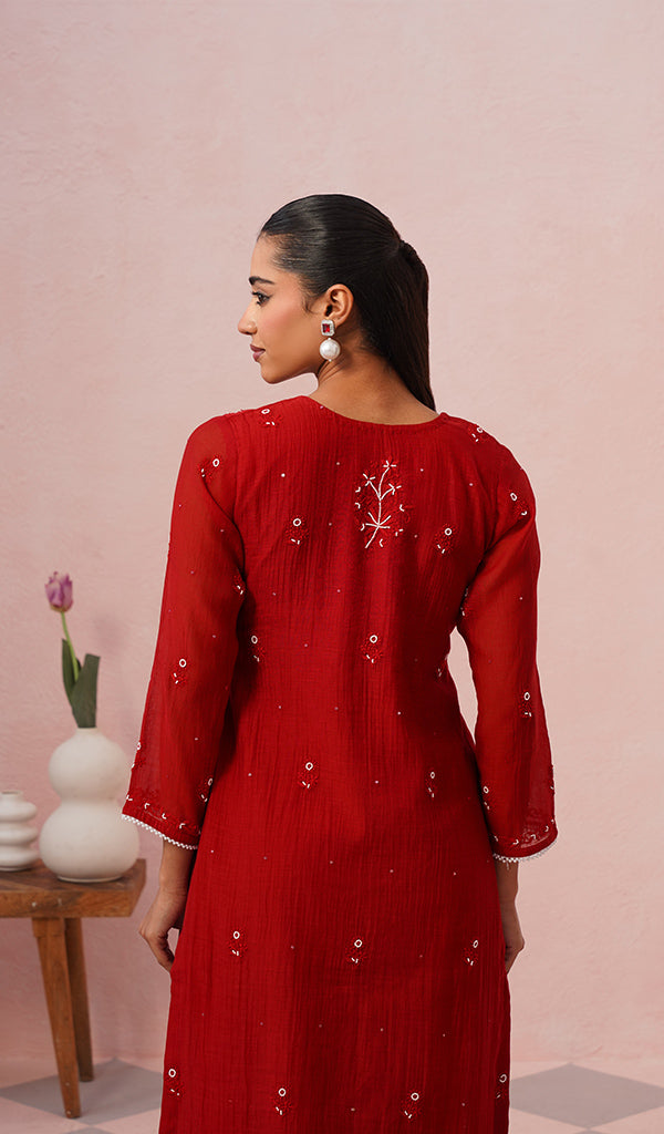 Saziya Women's Lakhnavi Handcrafted Mul Chanderi Chikankari Stitched Kurta, Dupatta And Pant Set - HONC0854621