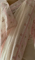 Women's Lakhnavi Handcrafted Pure Silk Georgette Chikankari Saree
